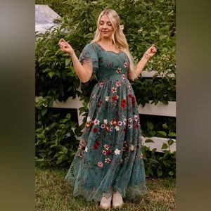 IVY CITY CO FLORA DRESS IN JADE tea length and fully embroidered overlay